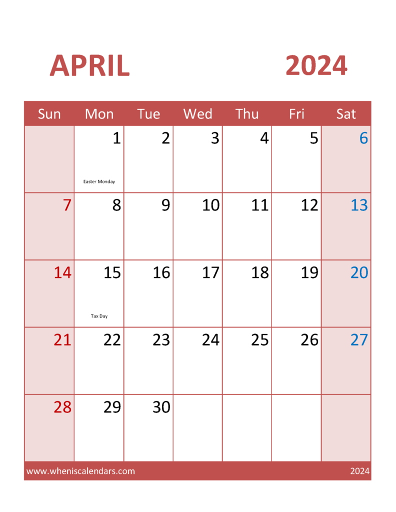 Download print Apr 2024 Calendar Letter Vertical 44104