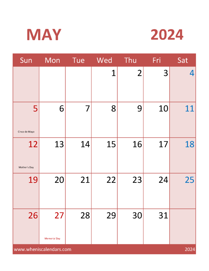 Download print May 2024 Calendar Letter Vertical 54104