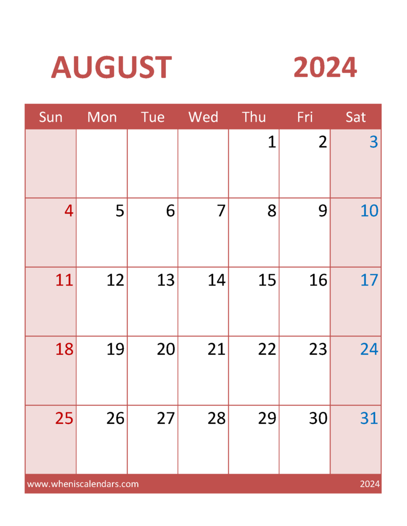 Download print Aug 2024 Calendar Letter Vertical 84104