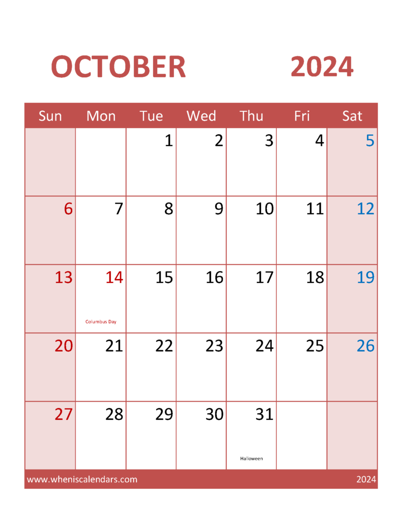 Download print Oct 2024 Calendar Letter Vertical 104104