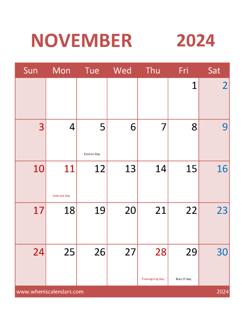 Download print Nov 2024 Calendar Letter Vertical 114104