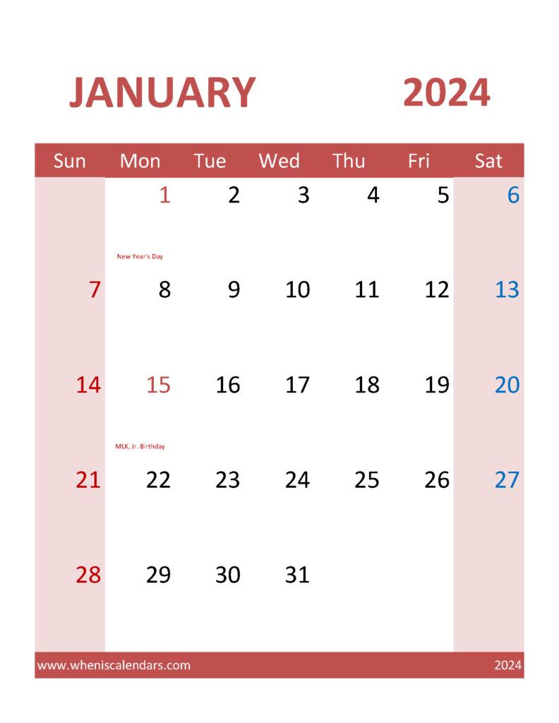 Download January 2024 Calendar word Template Letter Vertical J4105