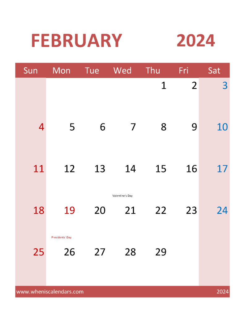 Download February 2024 Calendar word Template Letter Vertical 24105