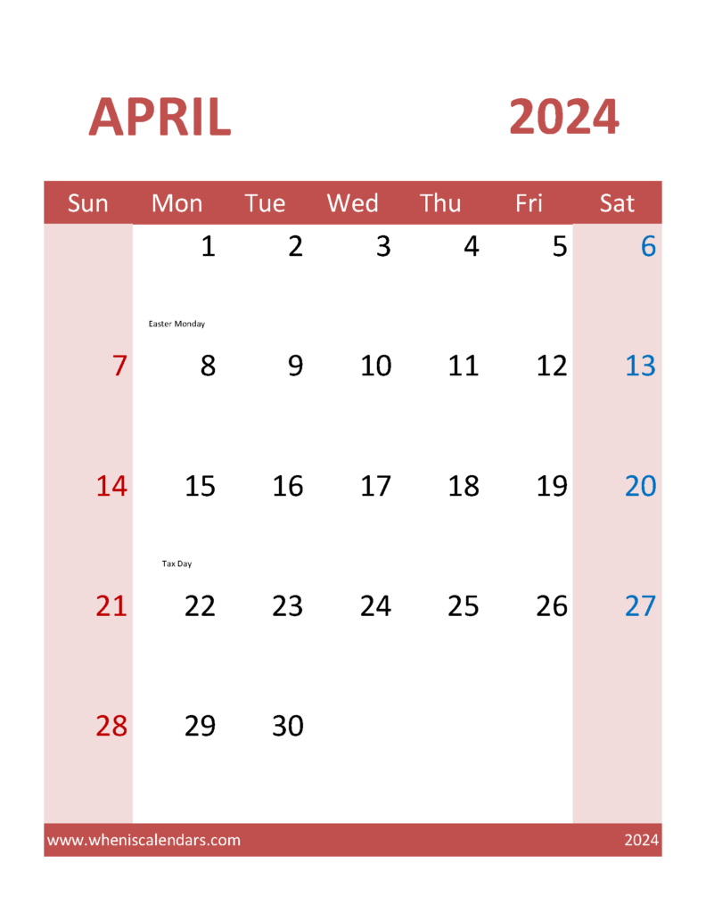 Download April 2024 Calendar word Template Letter Vertical 44105