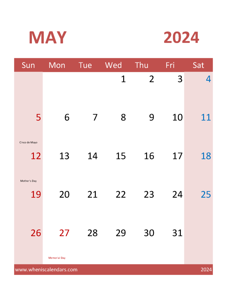 Download May 2024 Calendar word Template Letter Vertical 54105