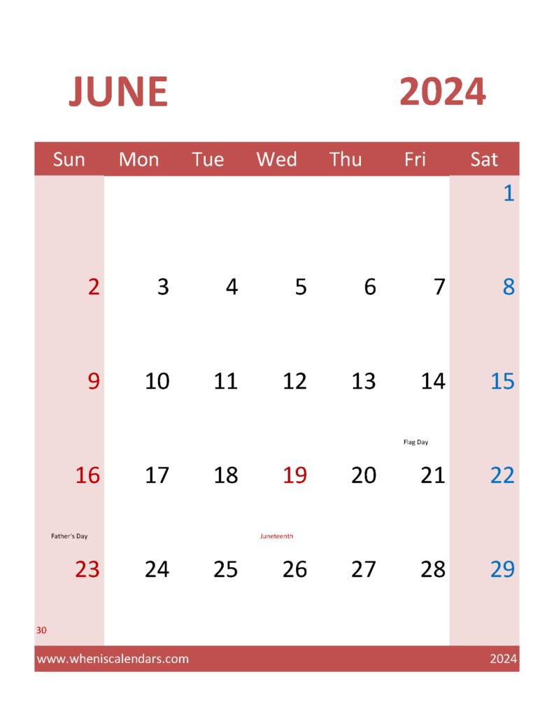 Download June 2024 Calendar word Template Letter Vertical 64105