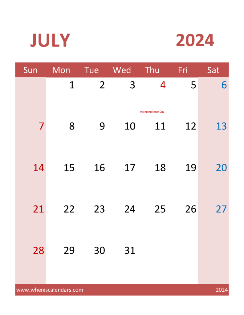 Download July 2024 Calendar word Template Letter Vertical 74105