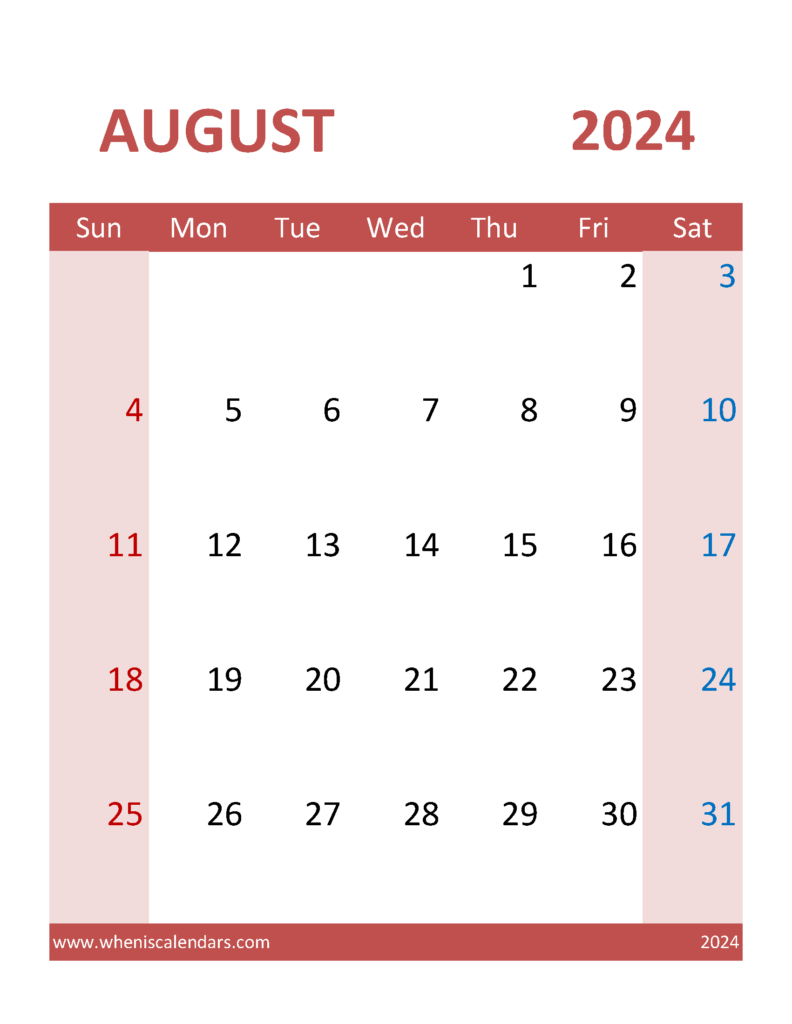 Download August 2024 Calendar word Template Letter Vertical 84105