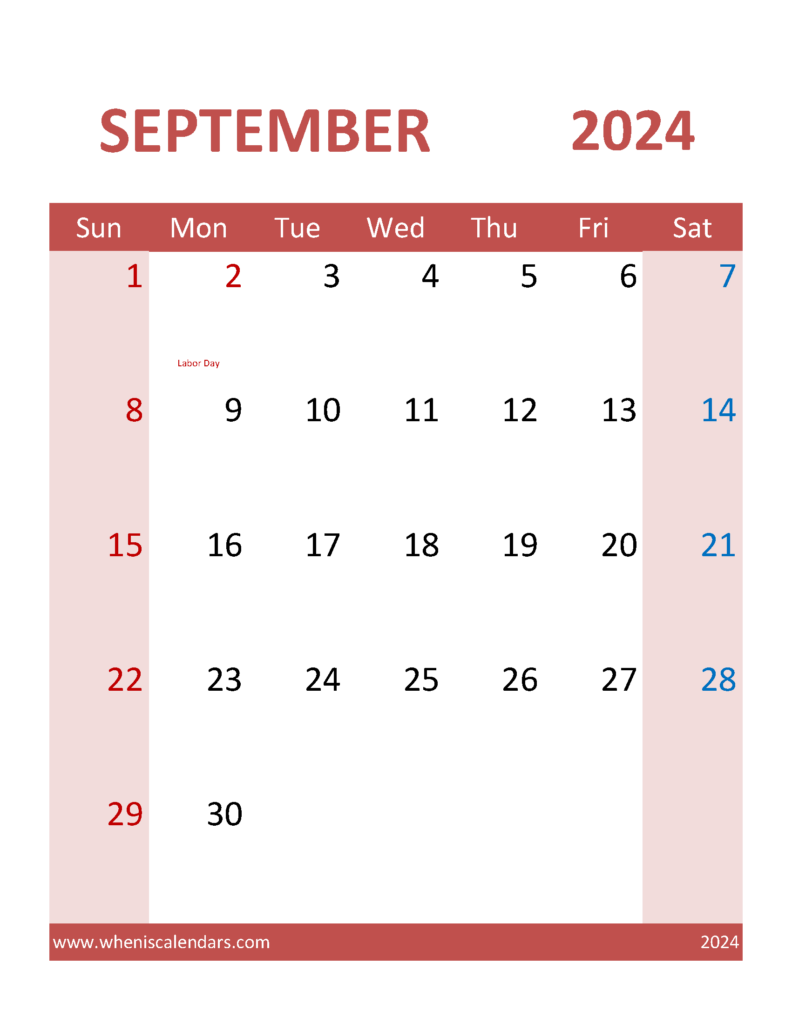 Download September 2024 Calendar word Template Letter Vertical 94105