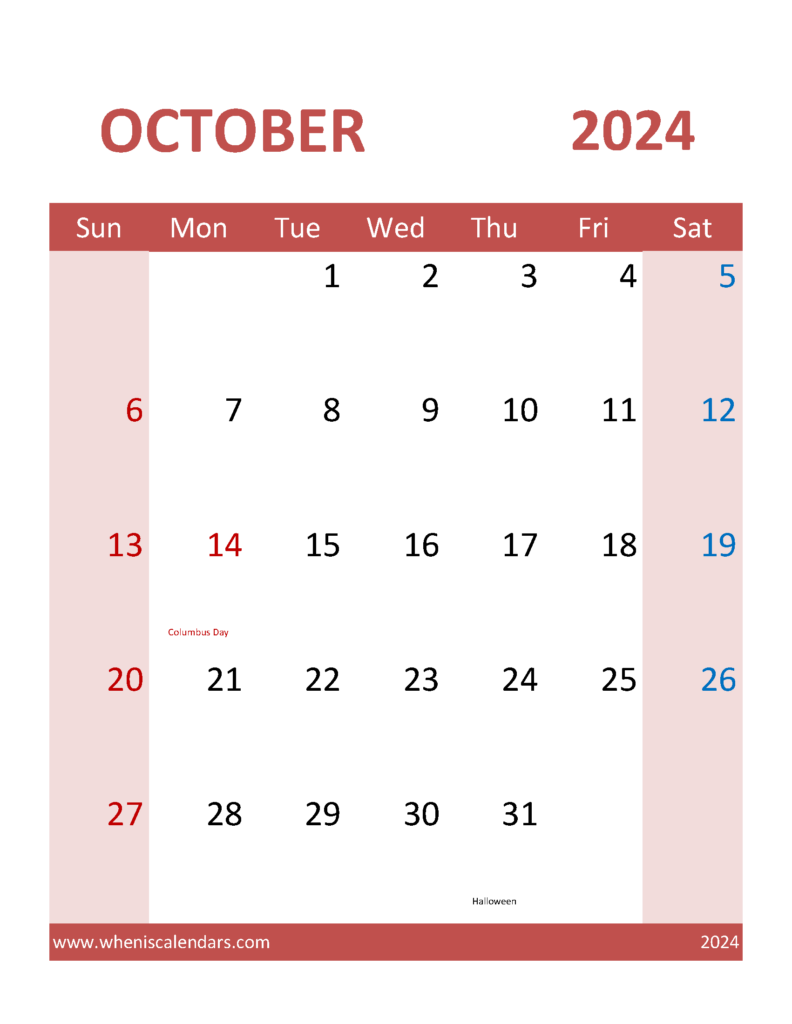Download October 2024 Calendar word Template Letter Vertical 104105