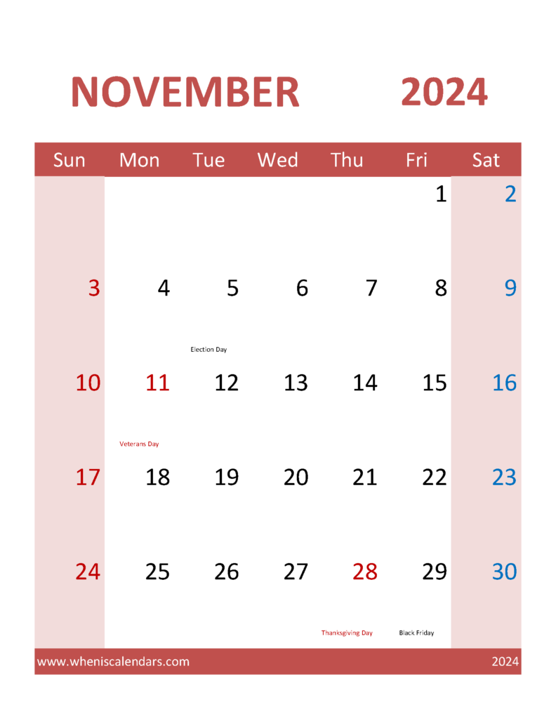 Download November 2024 Calendar word Template Letter Vertical 114105