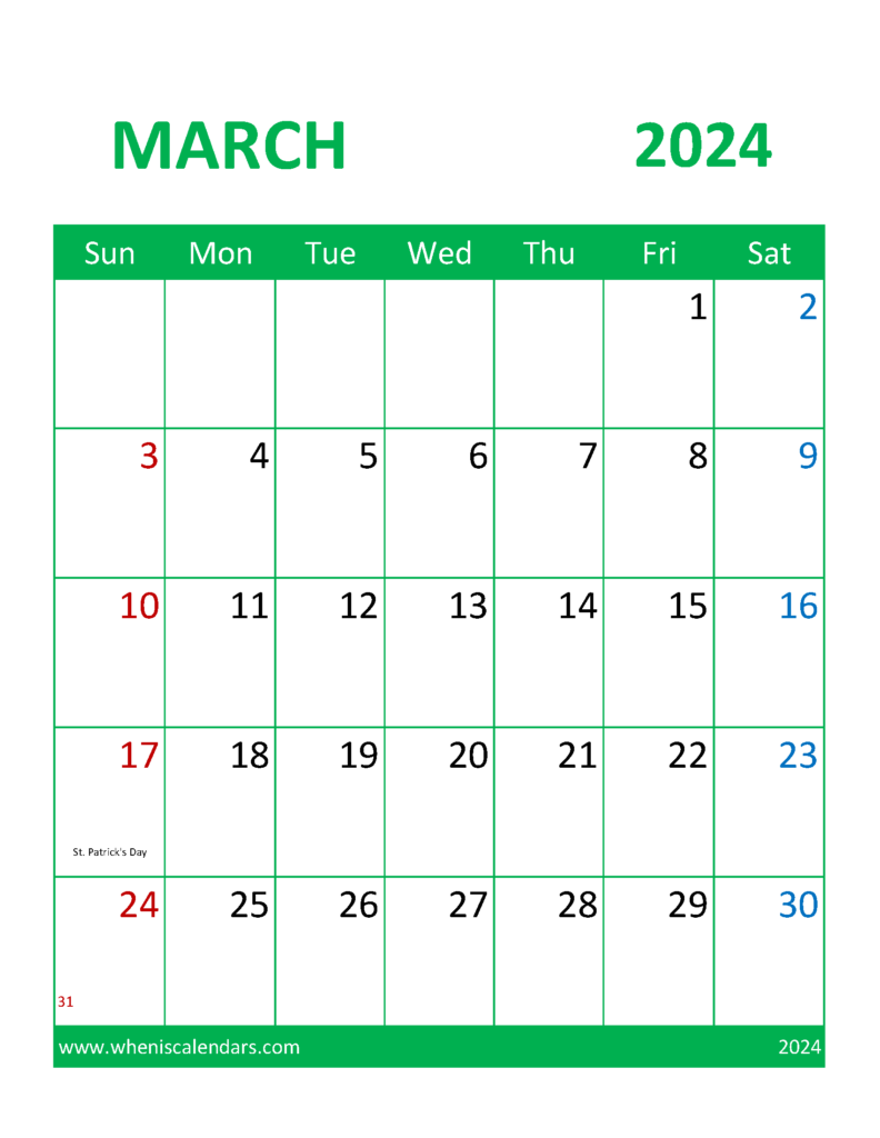 Download March 2024 Calendar Printable cute Letter Vertical 34106
