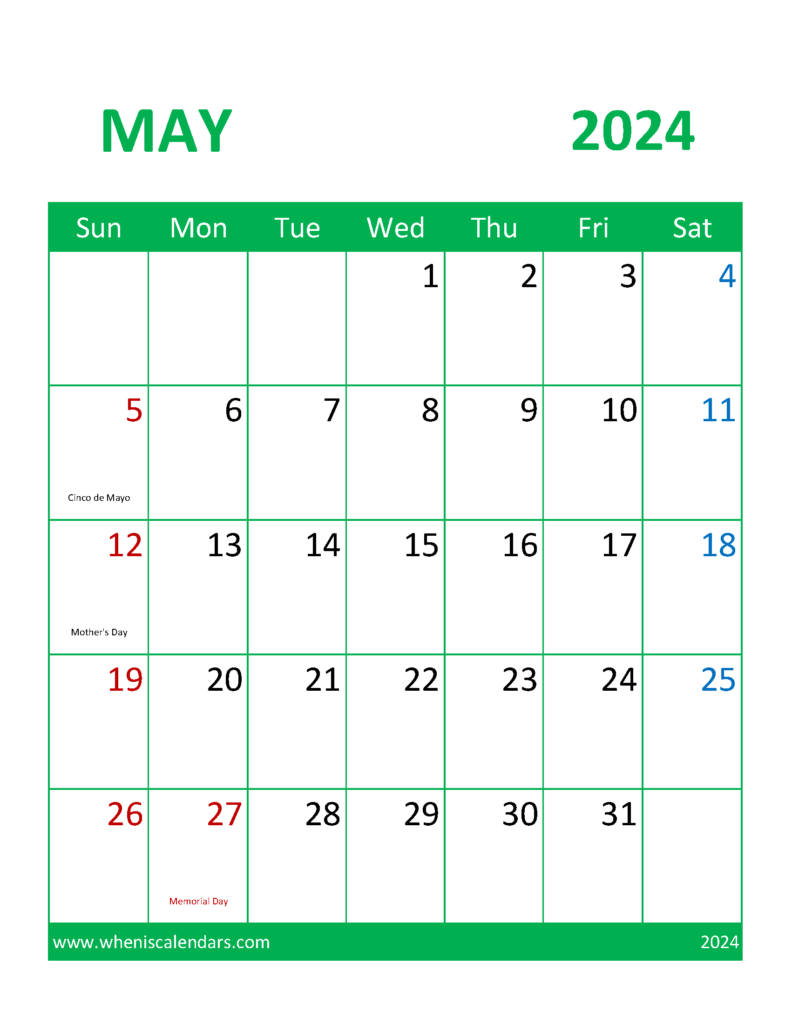 Download May 2024 Calendar Printable cute Letter Vertical 54106