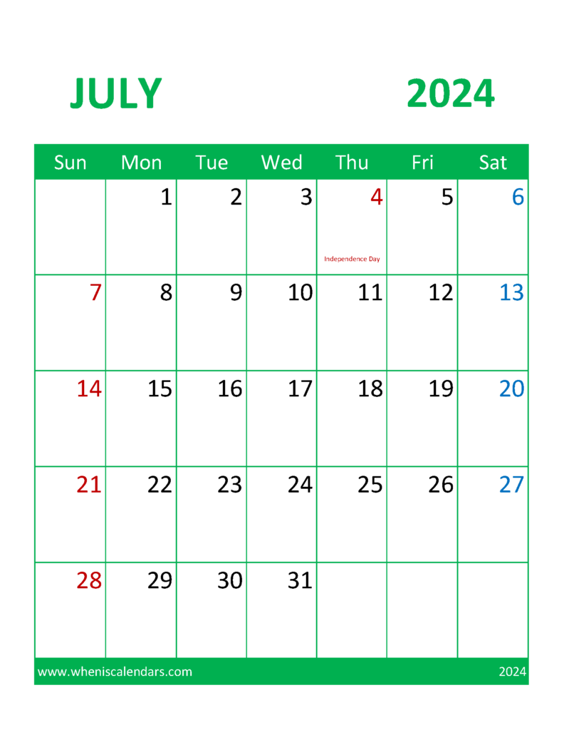Download July 2024 Calendar Printable cute Letter Vertical 74106