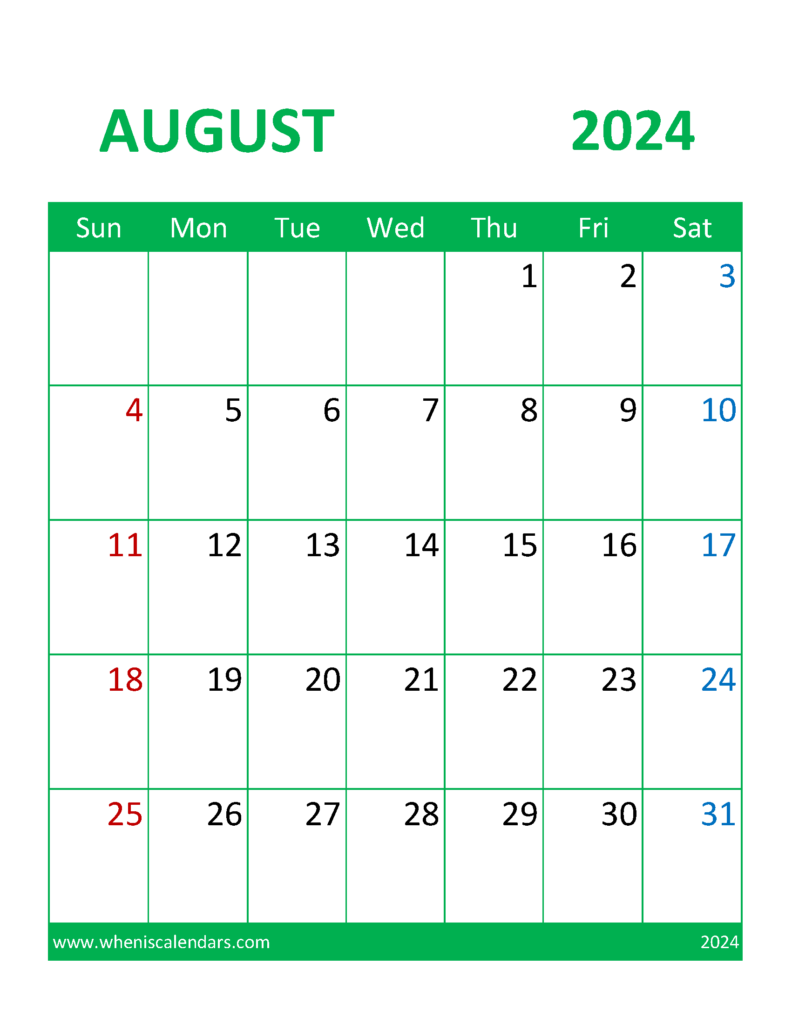 Download August 2024 Calendar Printable cute Letter Vertical 84106