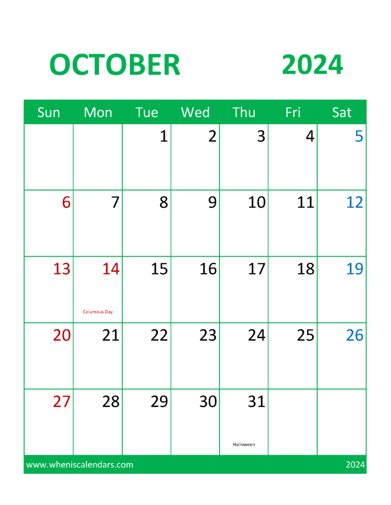 Download October 2024 Calendar Printable cute Letter Vertical 104106