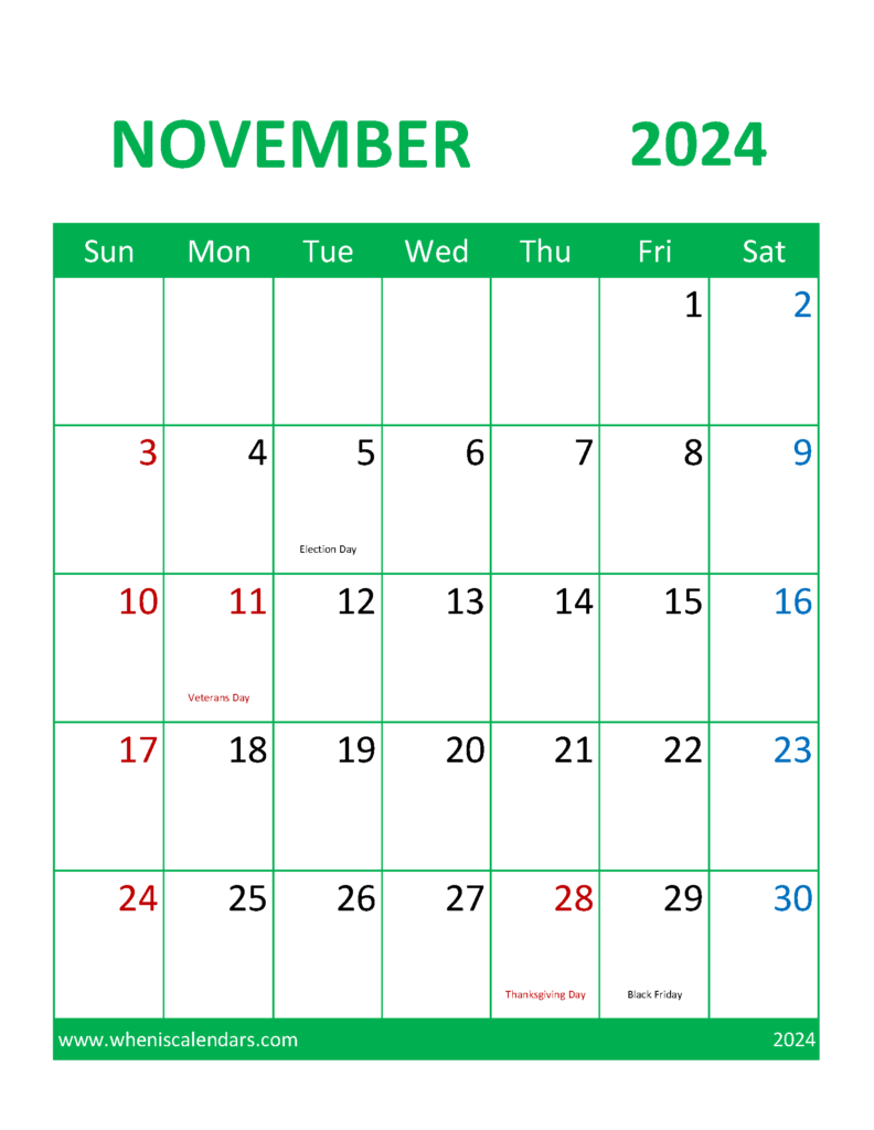 Download November 2024 Calendar Printable cute Letter Vertical 114106