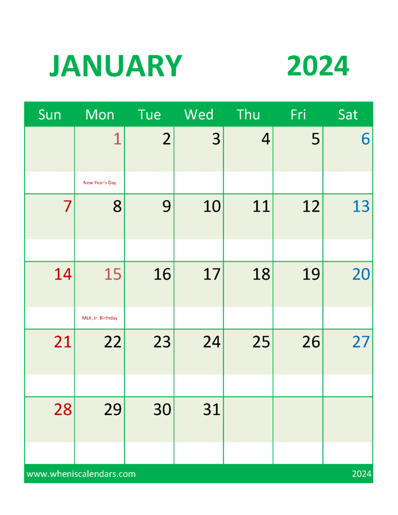 Download January 2024 Calendar with Holidays Free Printable Letter Vertical J4107