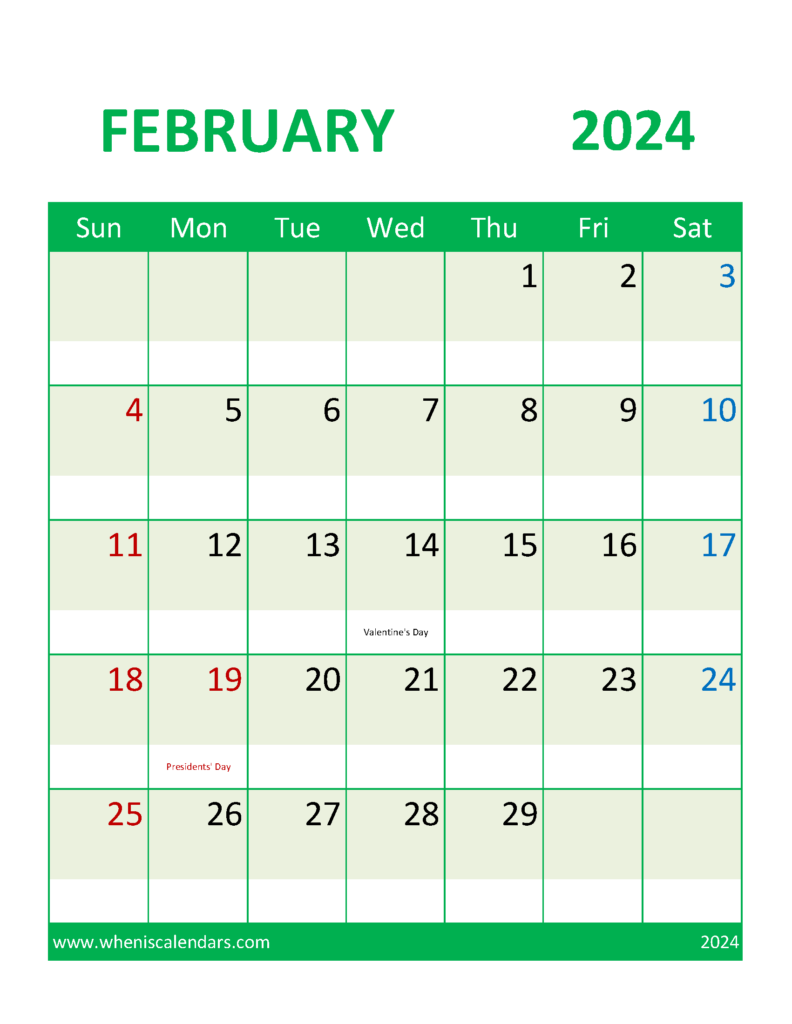 Download February 2024 Calendar with Holidays Free Printable Letter Vertical 24107