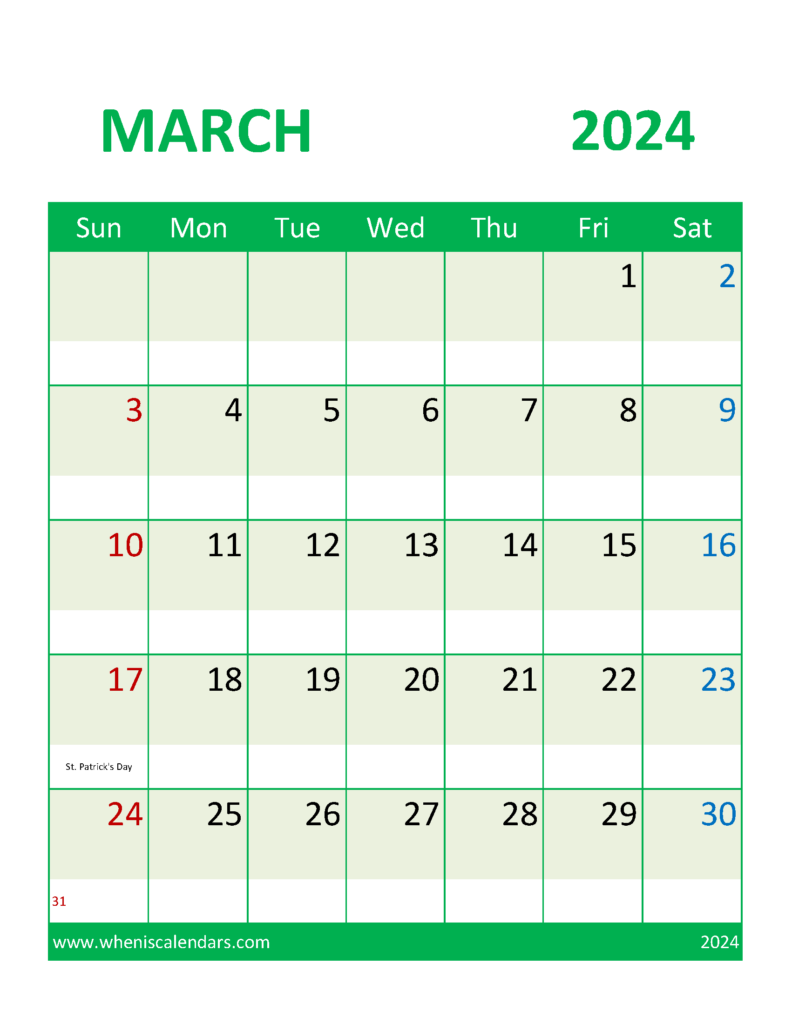 Download March 2024 Calendar with Holidays Free Printable Letter Vertical 34107