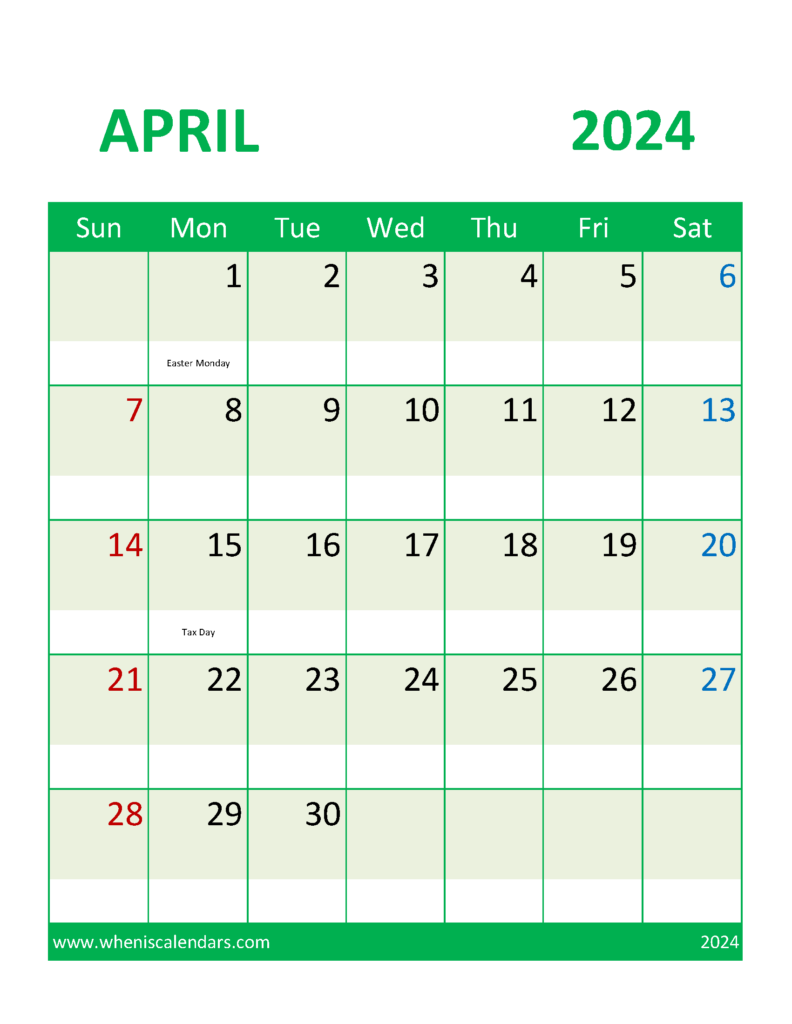 Download April 2024 Calendar with Holidays Free Printable Letter Vertical 44107