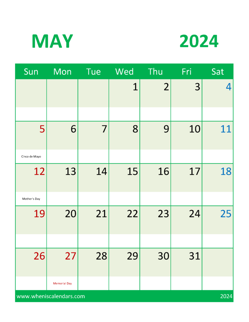 Download May 2024 Calendar with Holidays Free Printable Letter Vertical 54107