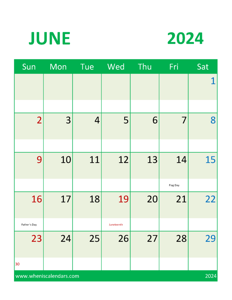 Download June 2024 Calendar with Holidays Free Printable Letter Vertical 64107