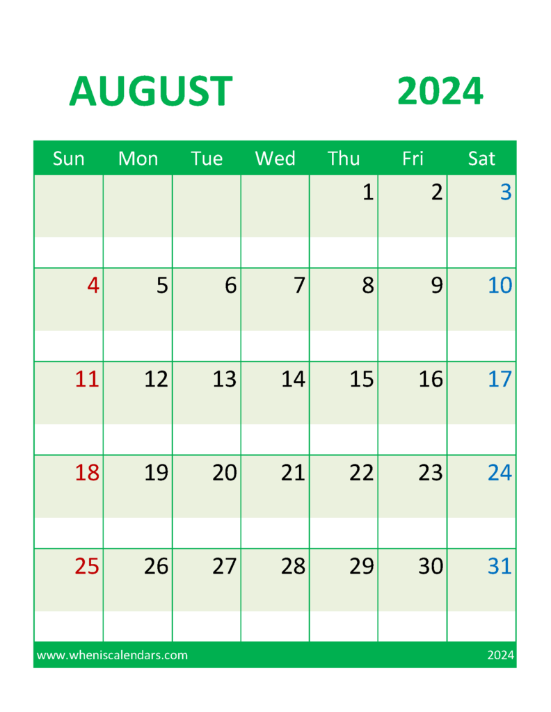 Download August 2024 Calendar with Holidays Free Printable Letter Vertical 84107