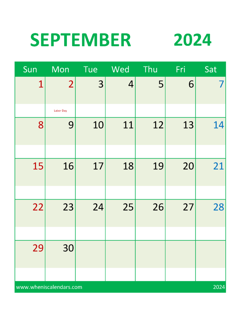 Download September 2024 Calendar with Holidays Free Printable Letter Vertical 94107