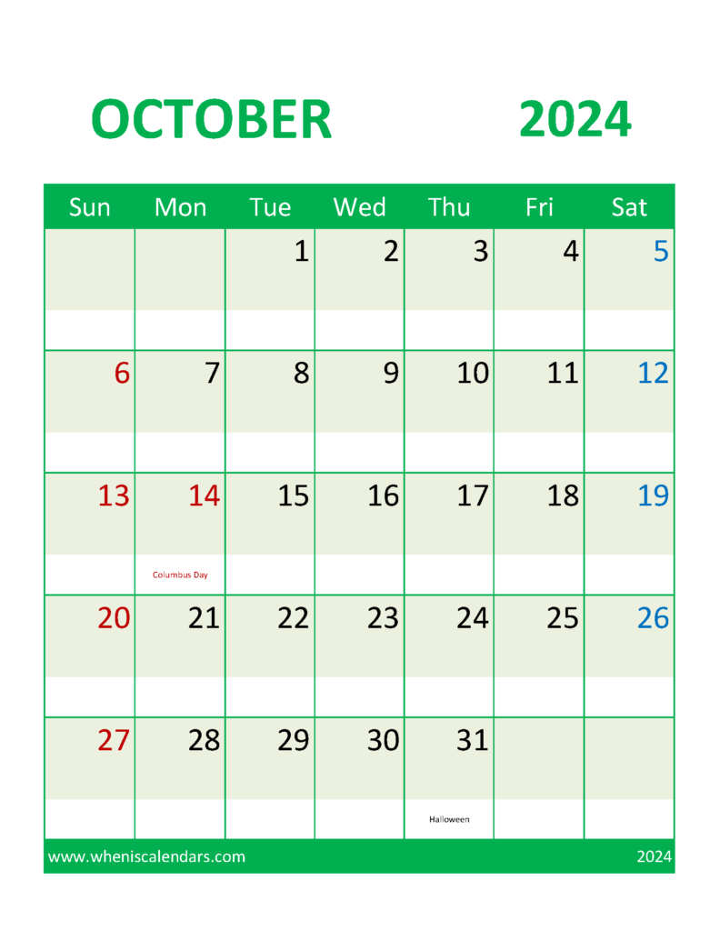 Download October 2024 Calendar with Holidays Free Printable Letter Vertical 104107