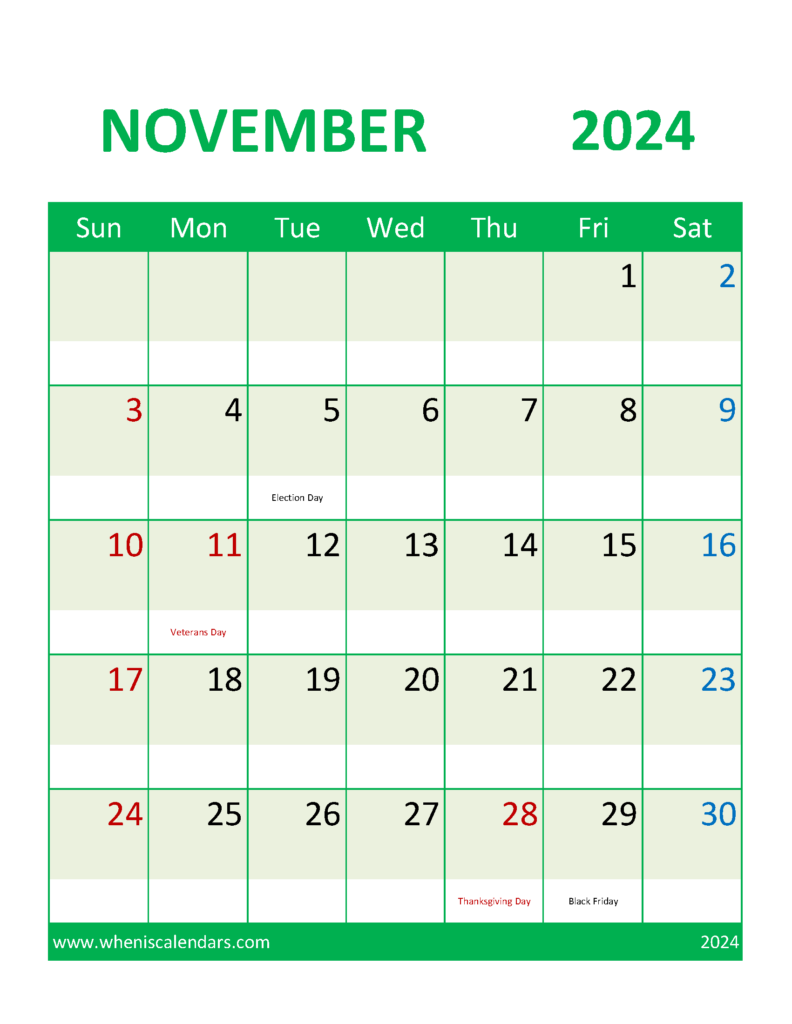 Download November 2024 Calendar with Holidays Free Printable Letter Vertical 114107