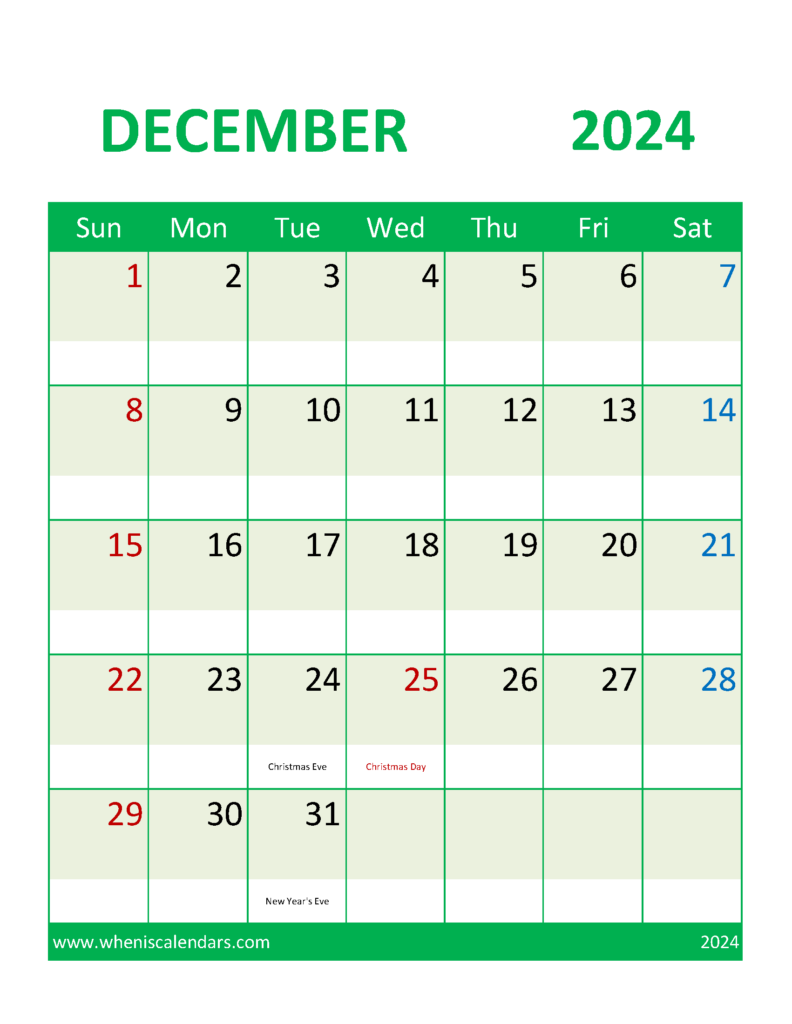 Download December 2024 Calendar with Holidays Free Printable Letter Vertical 124107