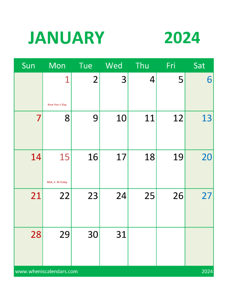 Download Printable Calendar January 2024 Free Letter Vertical J4109