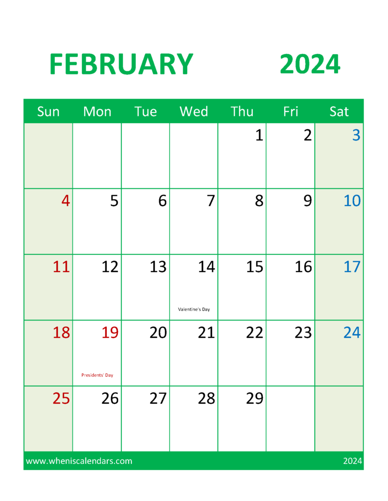 Download Printable Calendar February 2024 Free Letter Vertical 24109
