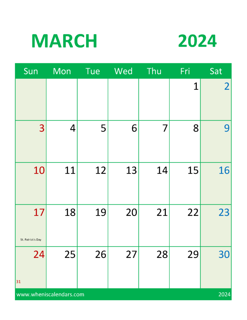 Download Printable Calendar March 2024 Free Letter Vertical 34109