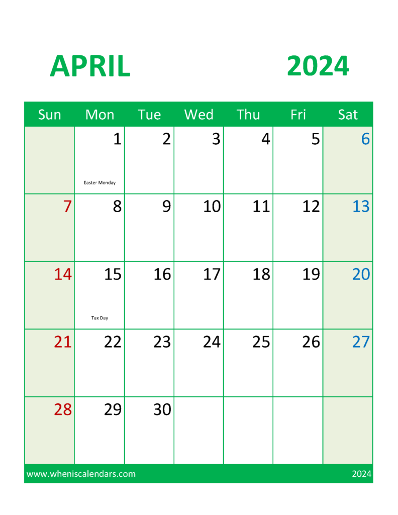Download Printable Calendar April 2024 Free Letter Vertical 44109