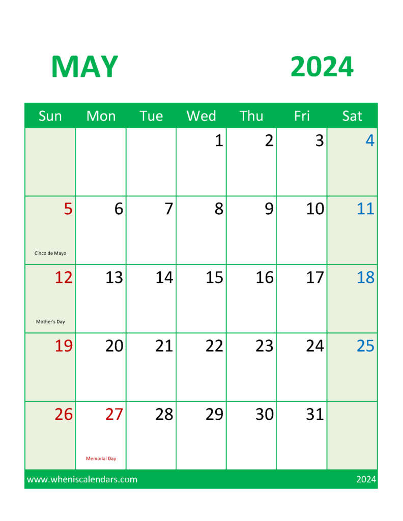 Download Printable Calendar May 2024 Free Letter Vertical 54109