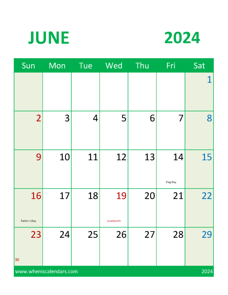 Download Printable Calendar June 2024 Free Letter Vertical 64109