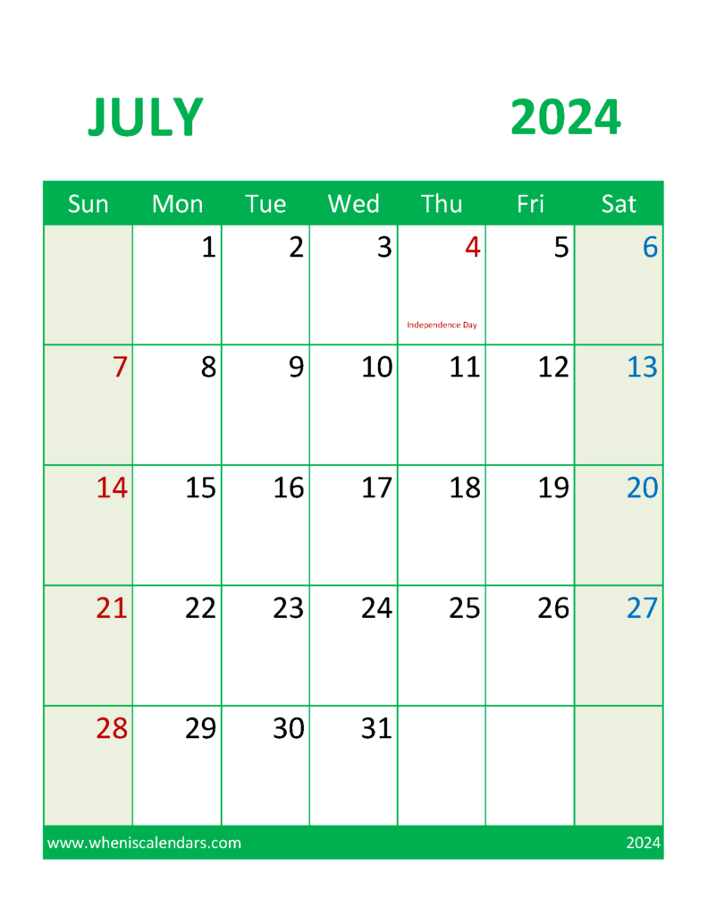 Download Printable Calendar July 2024 Free Letter Vertical 74109