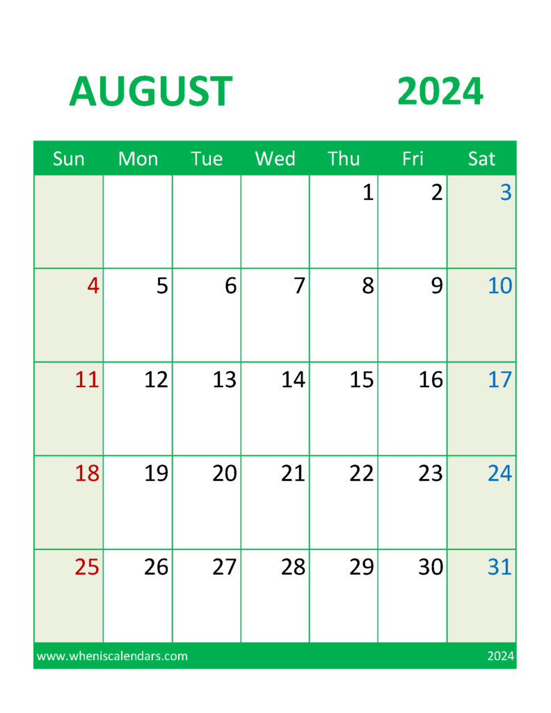 Download Printable Calendar August 2024 Free Letter Vertical 84109