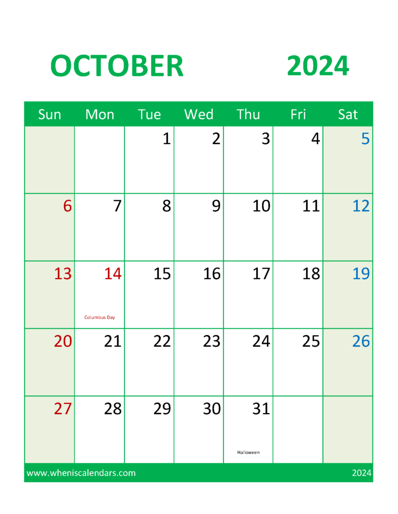 Download Printable Calendar October 2024 Free Letter Vertical 104109