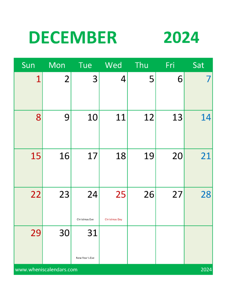 Download Printable Calendar December 2024 Free Letter Vertical 124109