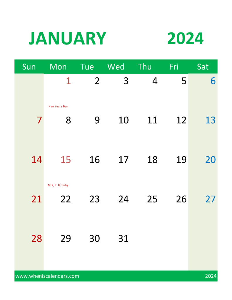 Download Blank Calendar 2024 January Letter Vertical J4110