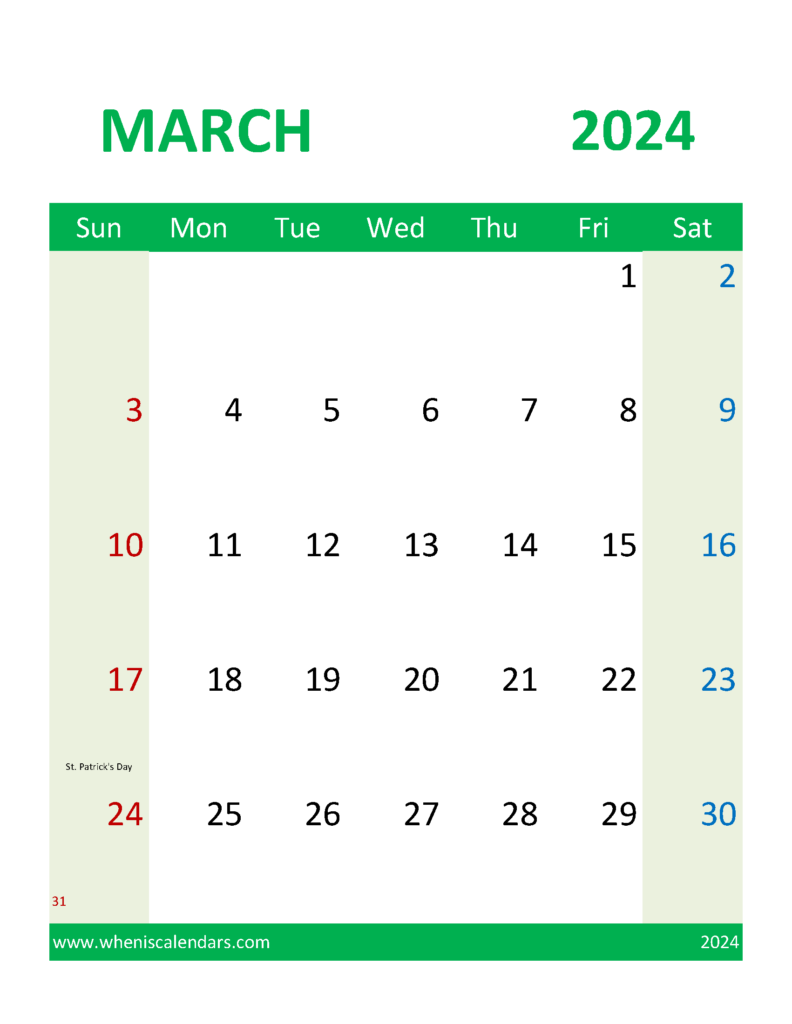Download Blank Calendar 2024 March Letter Vertical 34110