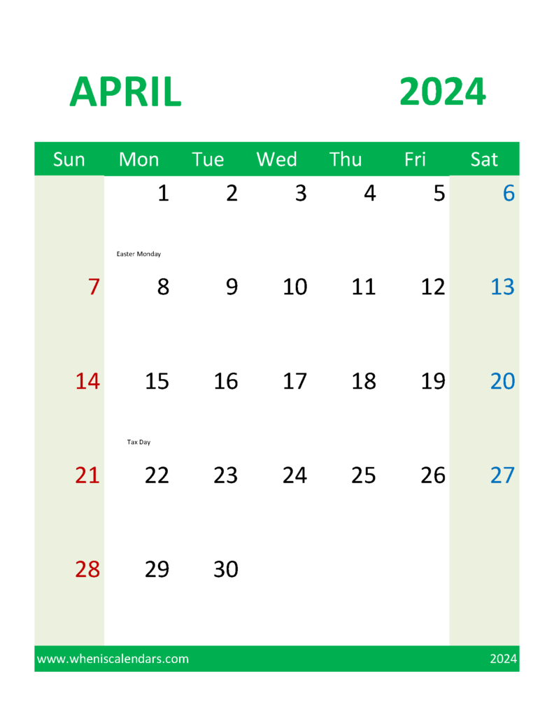 Download Blank Calendar 2024 April Letter Vertical 44110