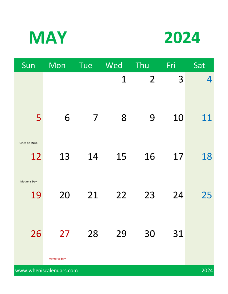 Download Blank Calendar 2024 May Letter Vertical 54110