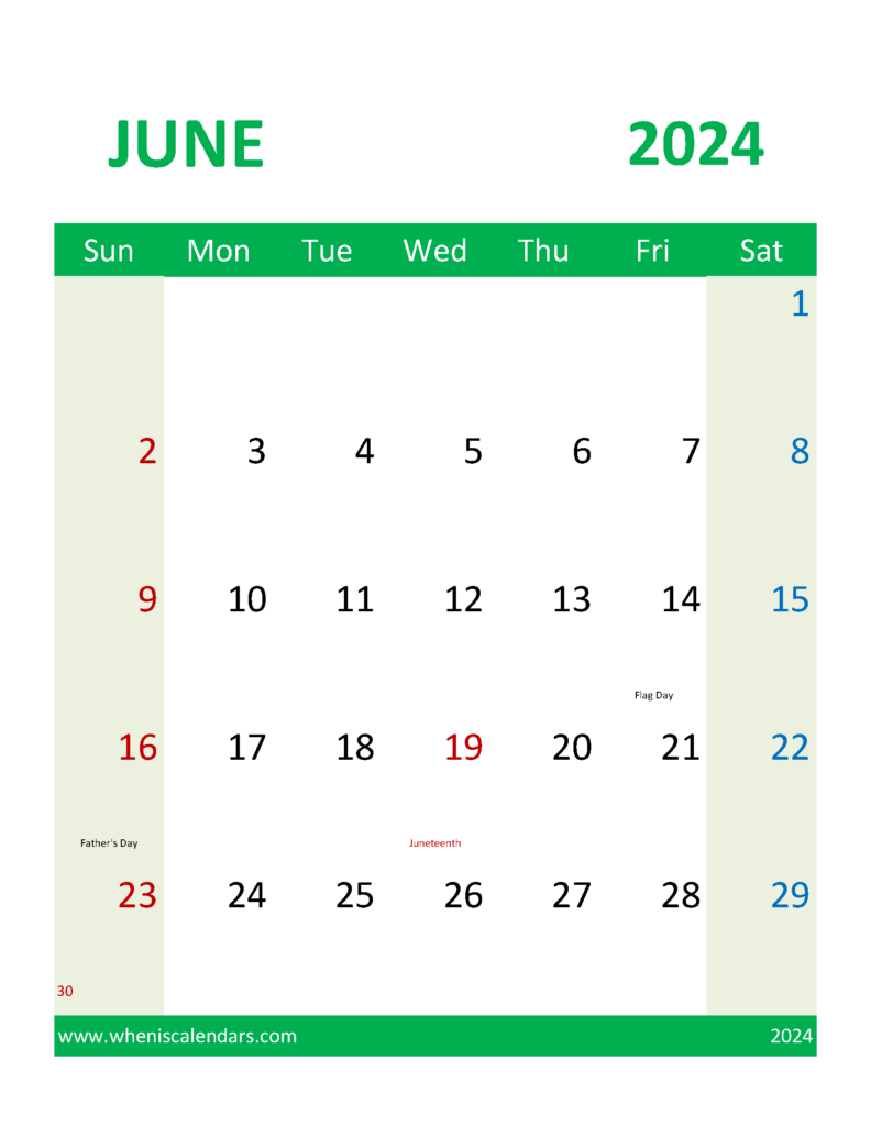 Download Blank Calendar 2024 June Letter Vertical 64110