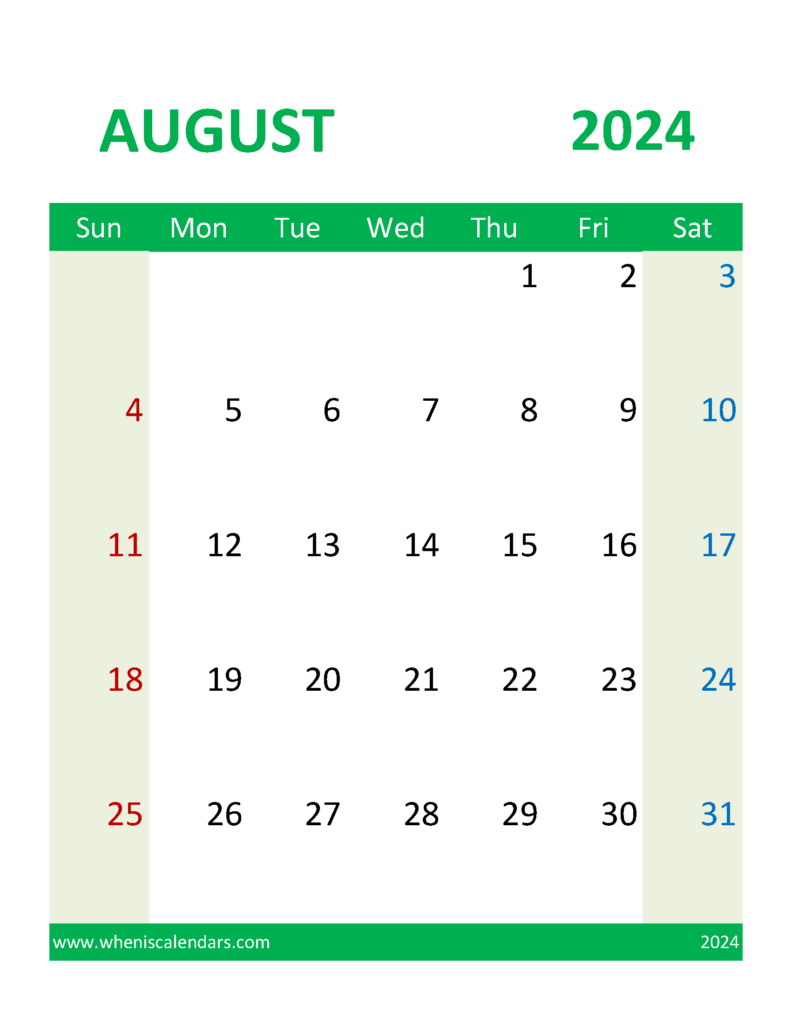 Download Blank Calendar 2024 August Letter Vertical 84110
