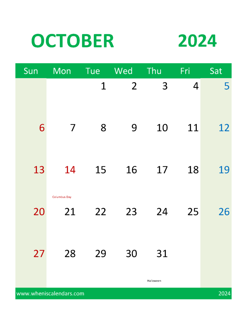 Download Blank Calendar 2024 October Letter Vertical 104110