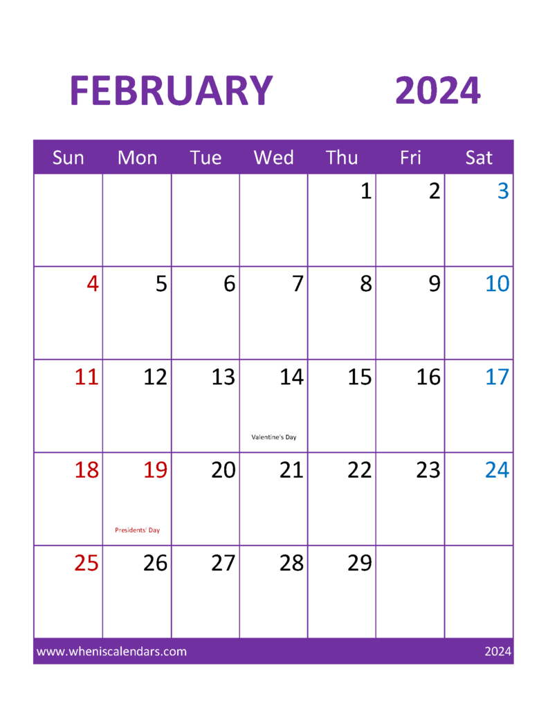 Download February 2024 Calendar editable word Letter Vertical 24111